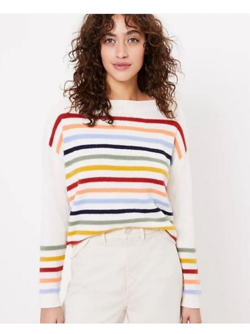 LOFT Cream Sweater with Multicolor Stripes